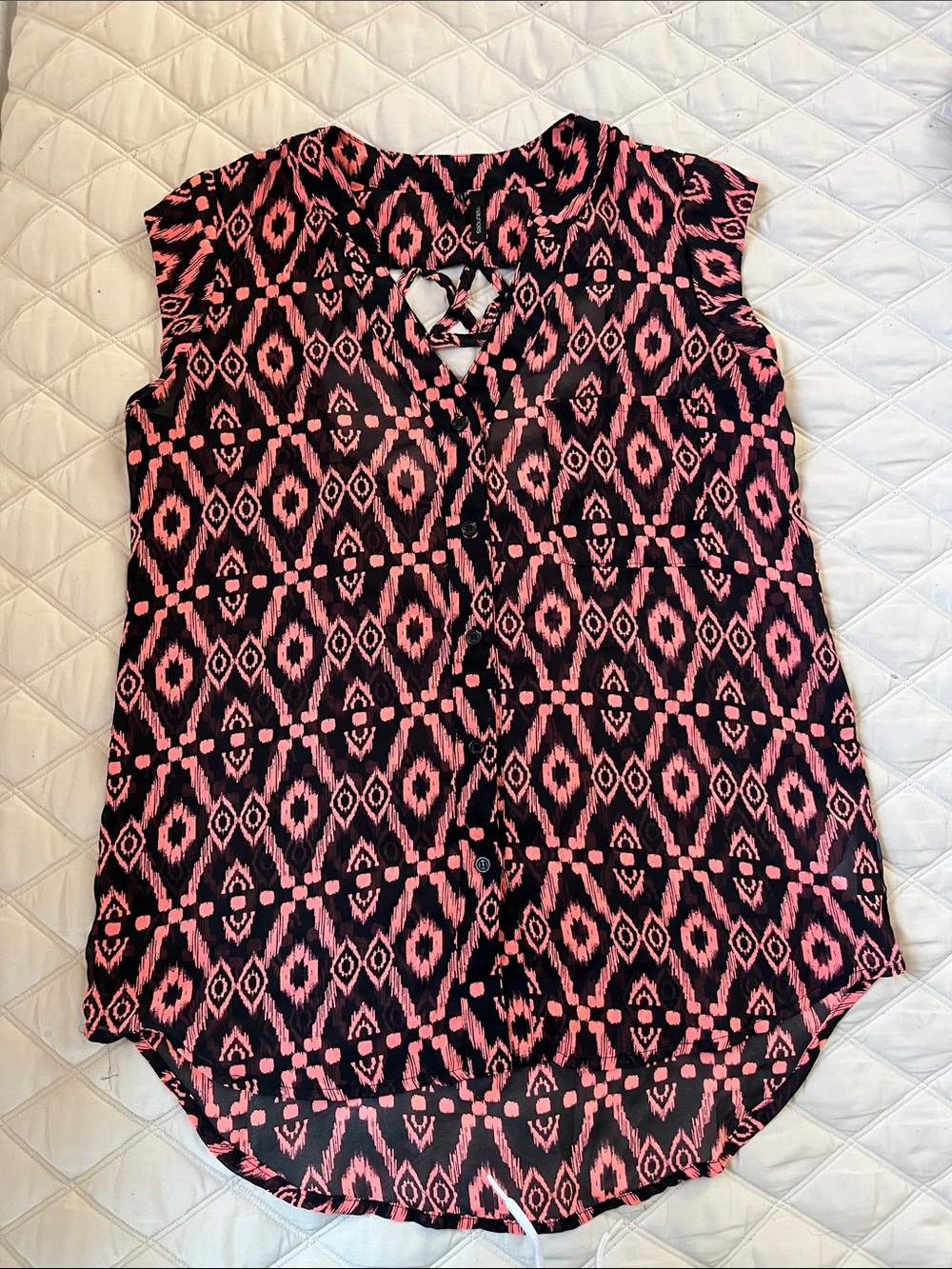 Maurices Pink and Black Geometric Tie-Neck Blouse